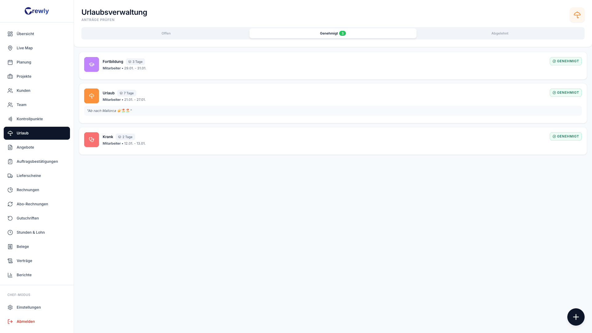 Crewly Urlaub & Krankmeldung