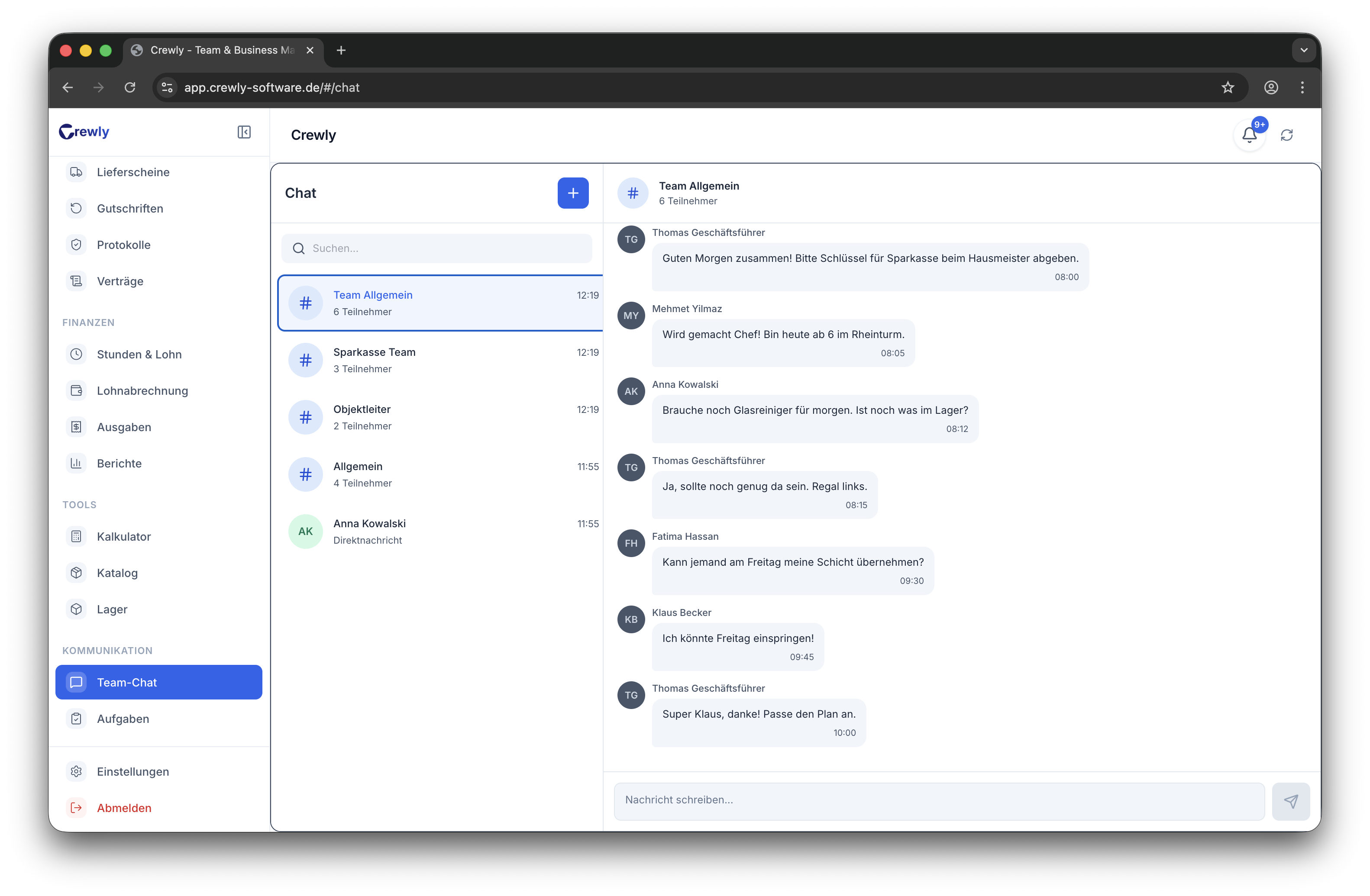 Crewly Team-Chat mit Channels und Nachrichten