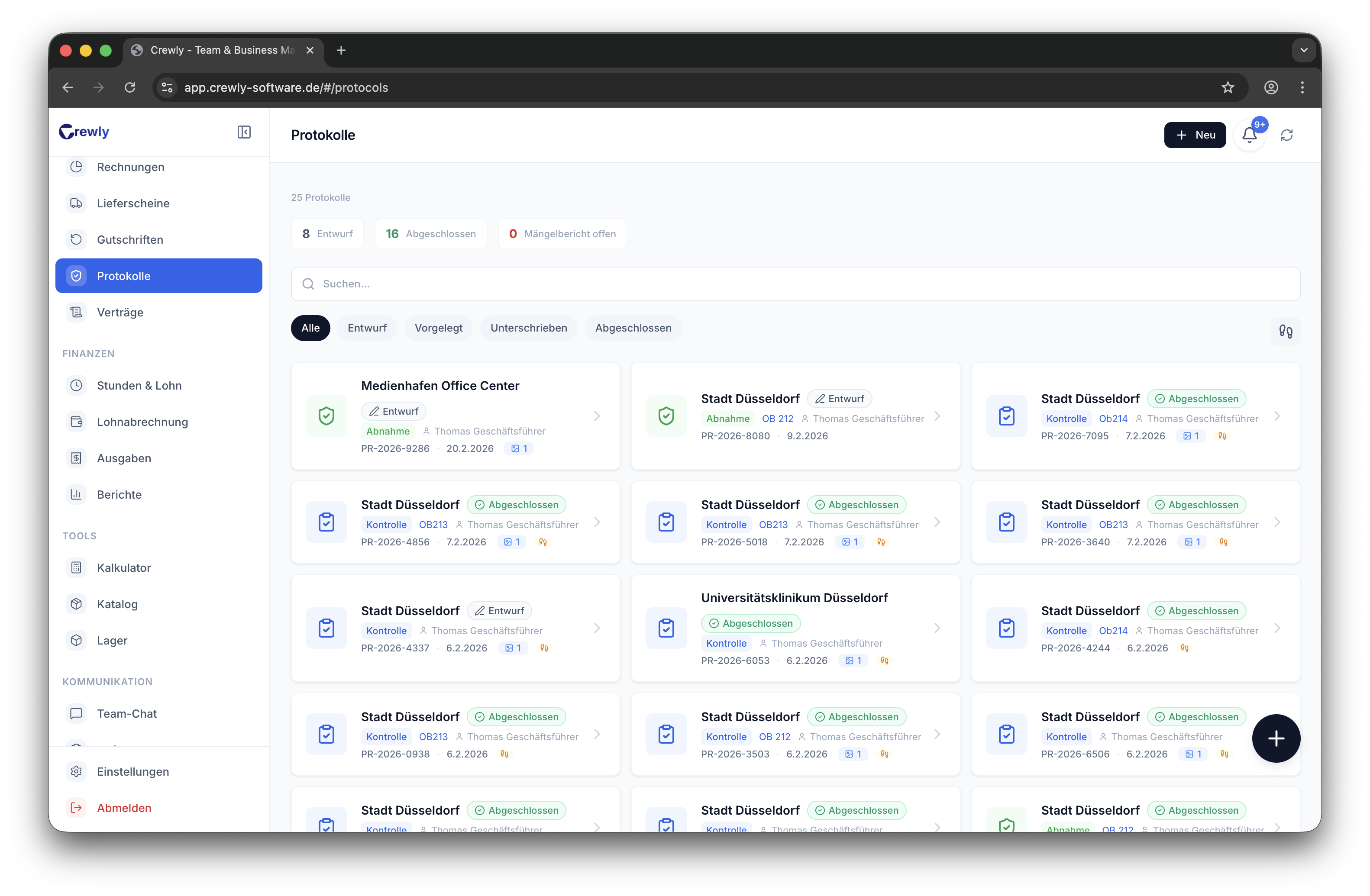 Crewly Abnahmeprotokolle mit Status und Fotos