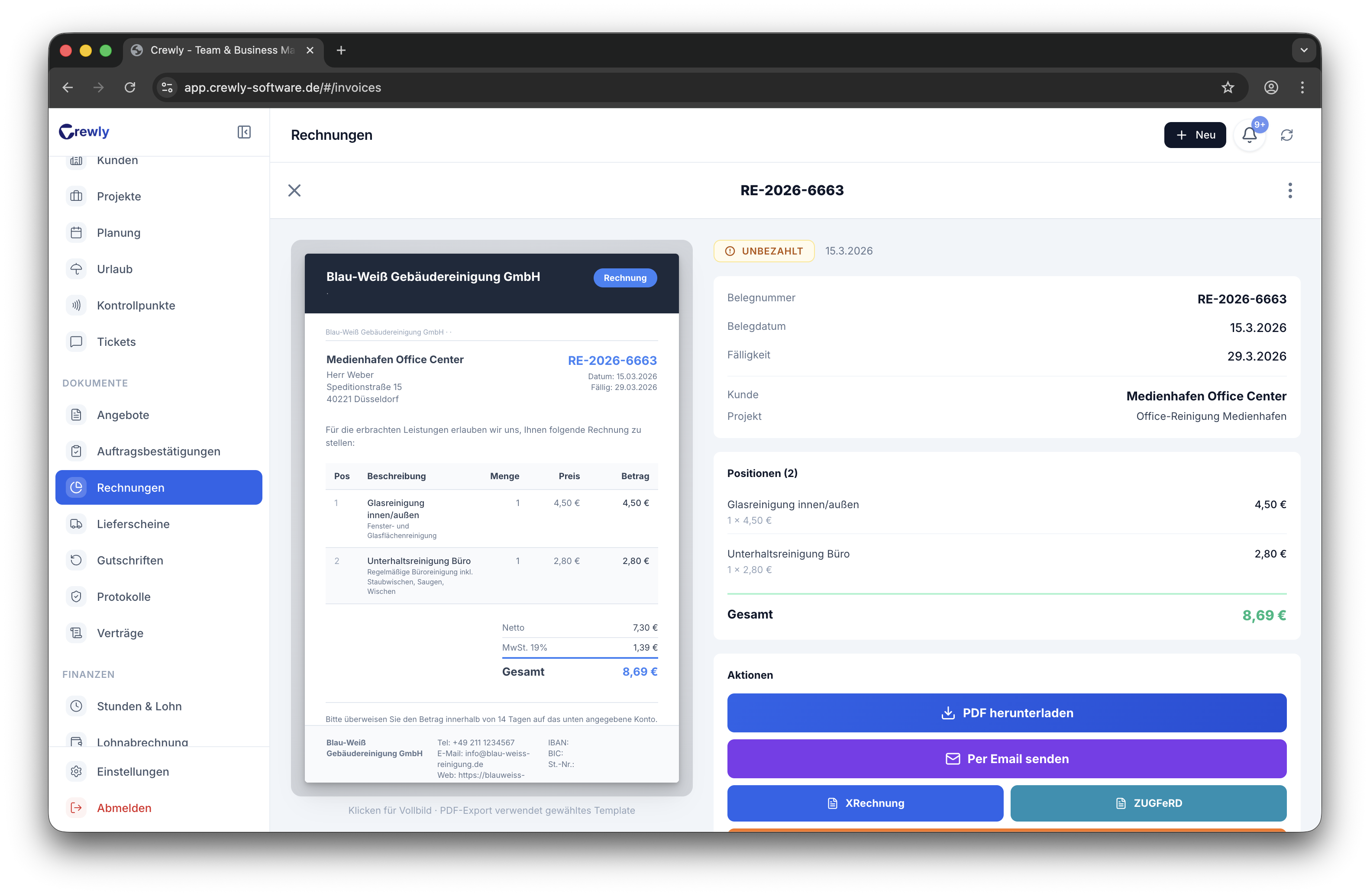 Crewly Rechnungen mit PDF-Vorschau und DATEV-Export